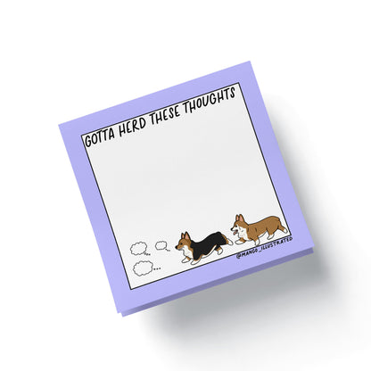 Gotta Herd Those Thoughts corgi sticky notes detail — hand drawn corgi illustration by MangoIllustrated