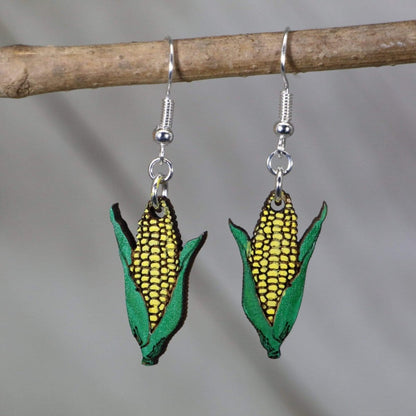 Hand-painted wooden corn with husk dangle earrings with detailed farm vegetable design and hypoallergenic sterling silver hooks, lightweight corn statement jewelry earrings for farmers market and foodie style