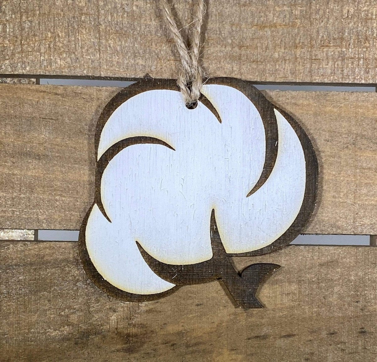 Hand-painted wooden cotton boll Christmas ornament featuring a rustic farmhouse design with fluffy cotton and natural branch details, cozy holiday decor for Southern homes and country style enthusiasts by Cate’s Concepts