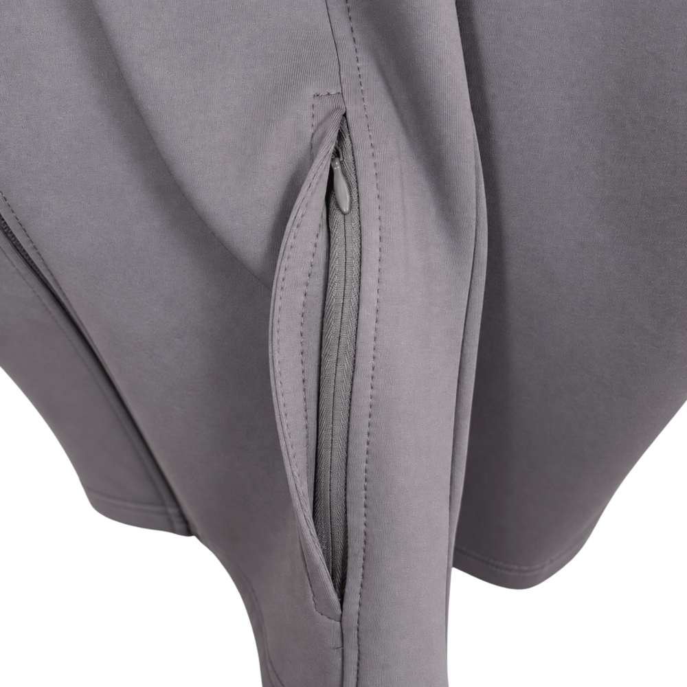 Close-up of a gray softshell jacket or pants showing a zippered pocket with detailed stitching on a white background.