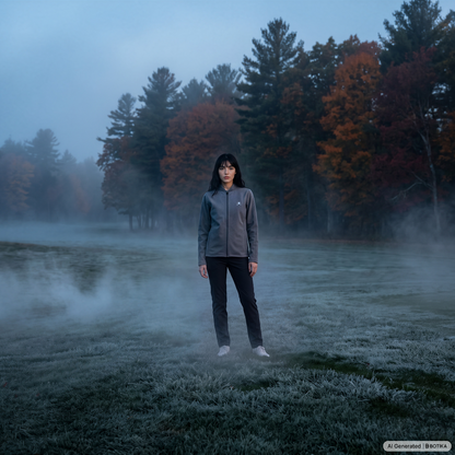 A woman stands in a misty, frosty field with a forest of orange and dark trees in the background, wearing a gray zip-up fleece and black pants.