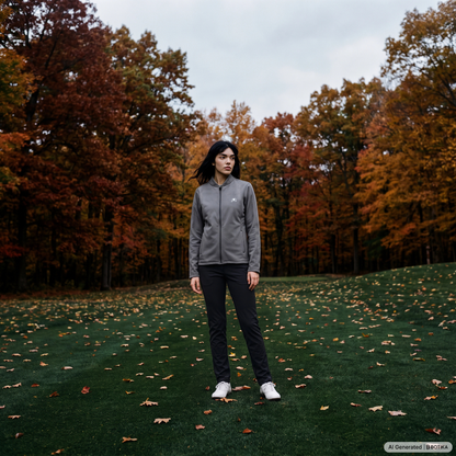 A woman stands on a grassy hill scattered with autumn leaves, wearing a gray zip-up athletic jacket, black pants, and white sneakers, with a forest of orange and brown trees in the background.