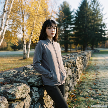 A woman stands outdoors leaning against a stone wall in a park, wearing a fitted zip-front athletic jacket in a medium gray color with black pants.