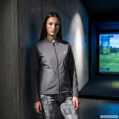 A woman stands in a dim indoor corridor wearing a gray zip-front athletic jacket with a small white chest logo and gray patterned pants. A screen showing a golf course is visible in the background.
