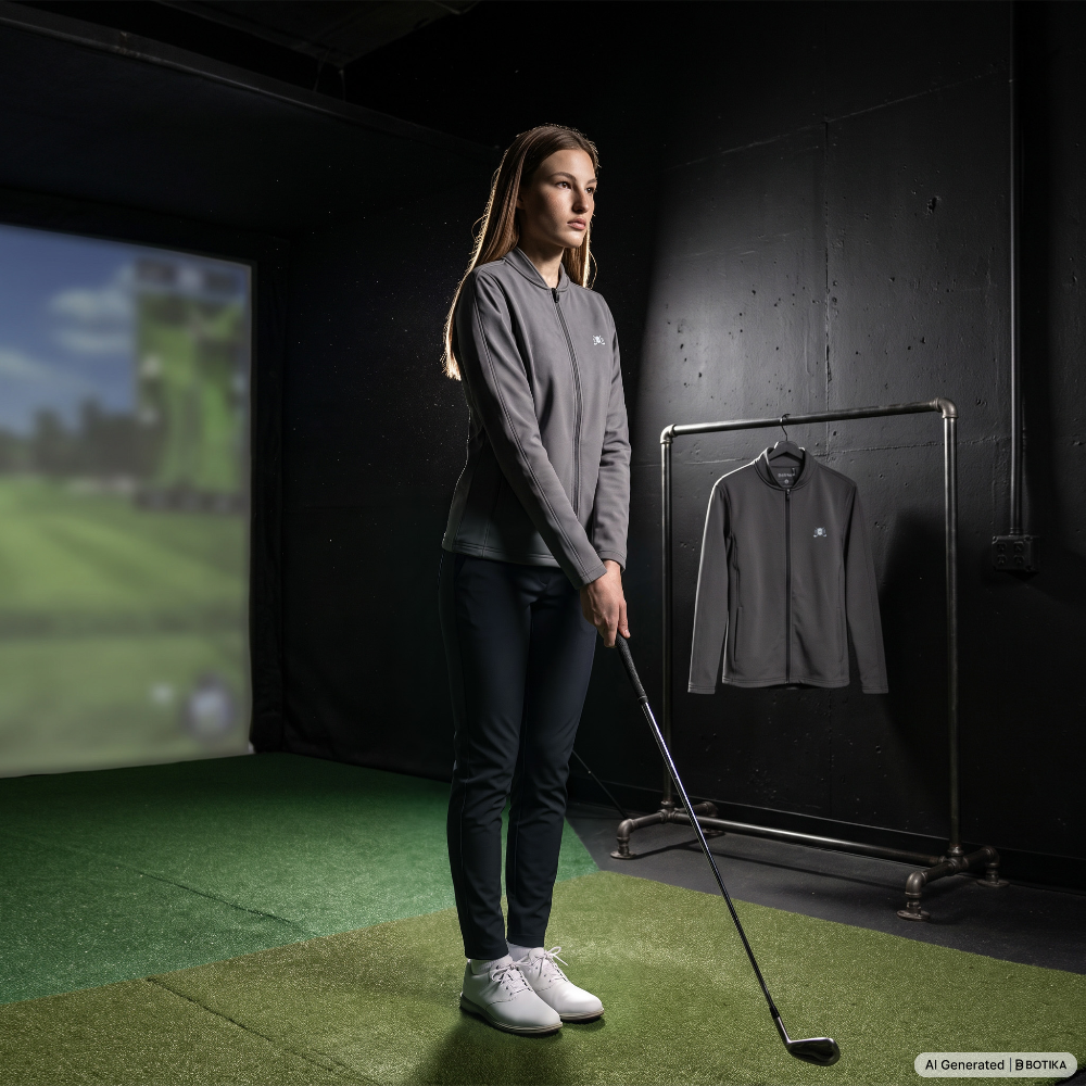 A woman stands on a golf simulator hitting pad wearing a gray long-sleeve quarter-zip pullover and dark pants, holding a golf club. A matching gray pullover is displayed on a clothing rack in the background of a dark indoor golf facility.