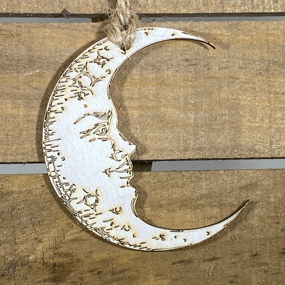 Hand-painted wooden crescent moon face Christmas ornament with celestial design and lightweight festive decor, boho moon holiday tree decoration gift for astrology lovers