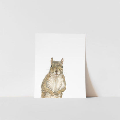 A printed artwork of a squirrel on a white background, presented against a white background.