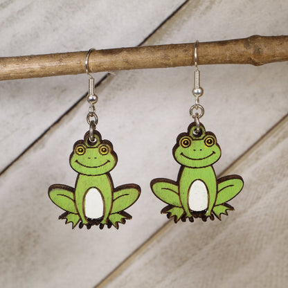 Hand-painted cute frog wooden dangle earrings with playful cartoon design, lightweight hypoallergenic animal jewelry for nature lovers, frog collectors, and fun quirky style