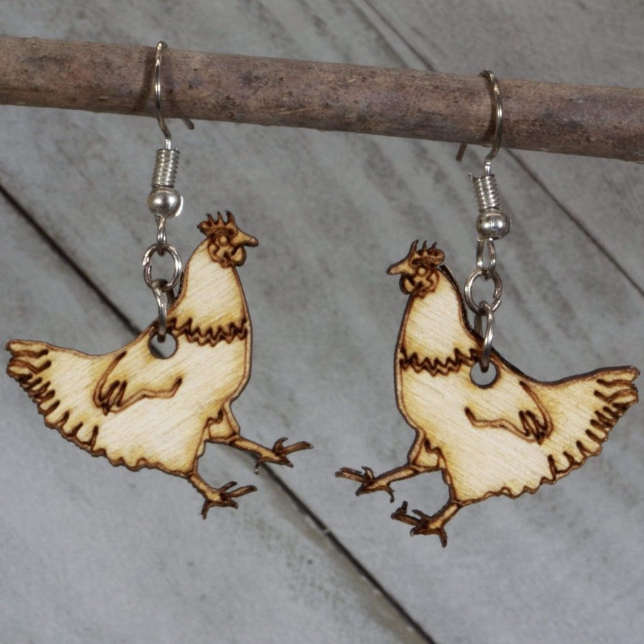 Hand-painted wooden cute chicken dangle earrings with playful farm animal design and hypoallergenic sterling silver hooks, country farmhouse animal jewelry earrings for chicken lovers
