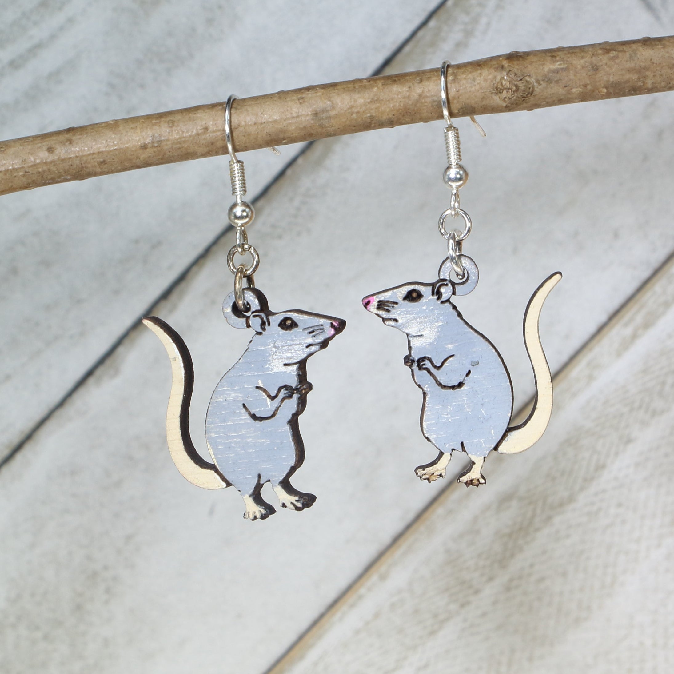 Hand-painted wooden cute rat dangle earrings with adorable pet rodent design and hypoallergenic sterling silver hooks, lightweight animal jewelry for rat lovers and quirky pet style by Cate’s Concepts