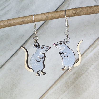 Hand-painted wooden cute rat dangle earrings with adorable pet rodent design and hypoallergenic sterling silver hooks, lightweight animal jewelry for rat lovers and quirky pet style by Cate’s Concepts