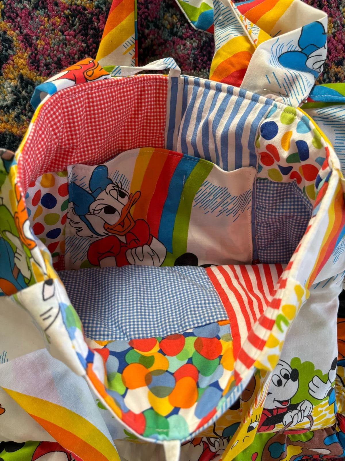 Upcycled Rainbow &amp; Sunshine Mickey Mouse Tote Bag