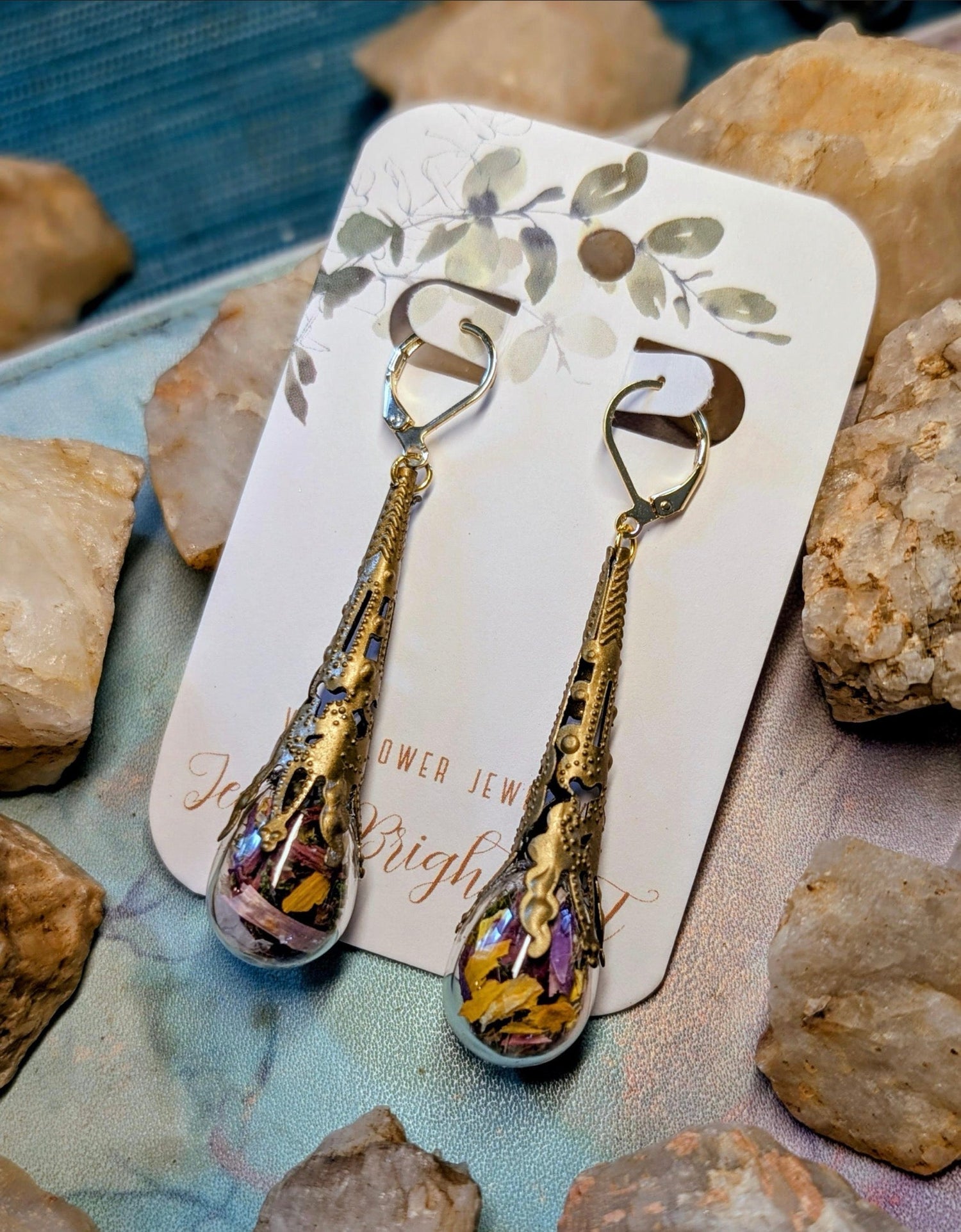 Mushroom Unique Handcrafted Floral Earrings with Wildflowers and Quartz (Copy)