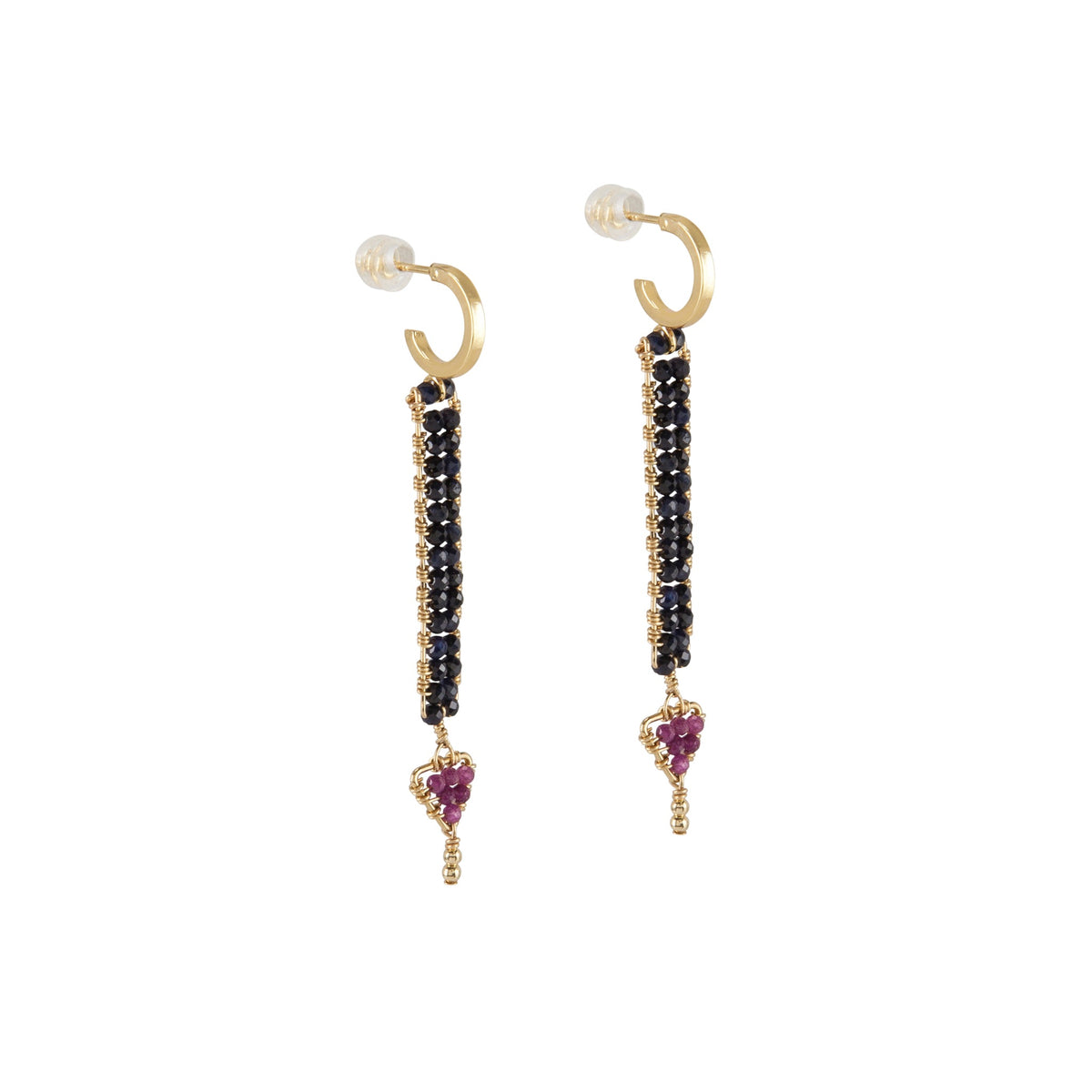 Handmade Maasai beadwork sapphire and ruby beaded drop earrings by Sidai Designs, ethical jewelry brand, fair trade artisan Tanzania