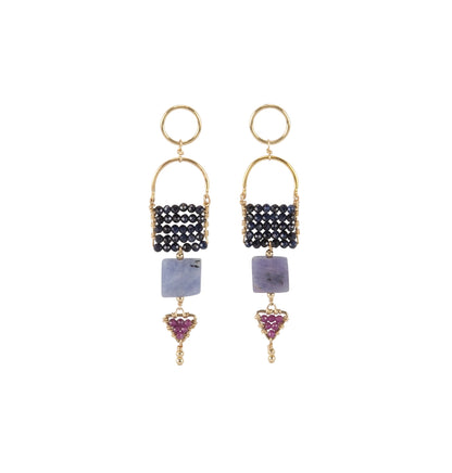 Handmade Maasai beadwork drop earrings with sapphire, tanzanite and ruby by Sidai Designs, ethical artisan jewelry brand, Tanzania