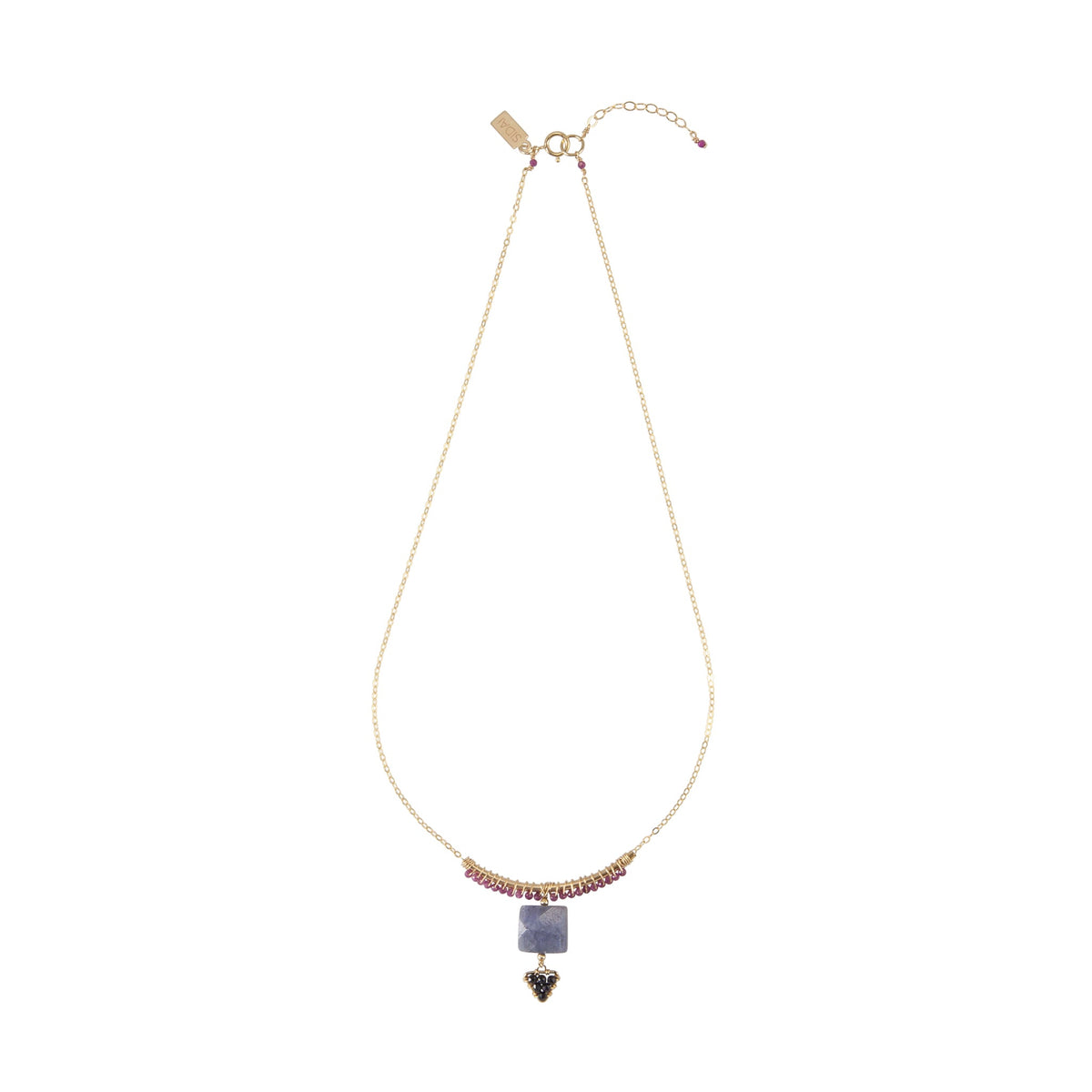 Handmade Maasai beadwork ruby arch necklace with tanzanite and sapphire by Sidai Designs, sustainable jewelry brand, Tanzania