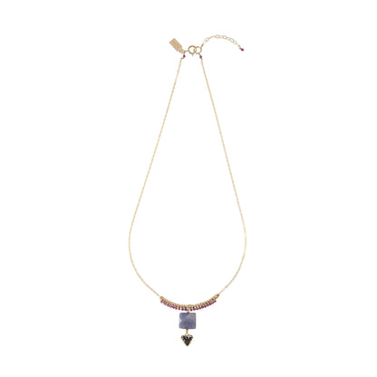 Handmade Maasai beadwork ruby arch necklace with tanzanite and sapphire by Sidai Designs, sustainable jewelry brand, Tanzania