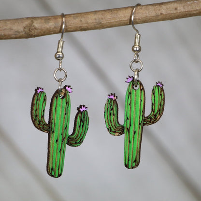 Hand-painted wooden desert cactus dangle earrings with southwest plant design and hypoallergenic sterling silver hooks, lightweight cactus statement jewelry earrings for boho desert and western style