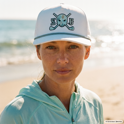 A woman wearing a white baseball cap with a skull and crossed golf clubs logo and a light mint green zip-up hoodie, photographed outdoors on a beach with the ocean blurred in the background.