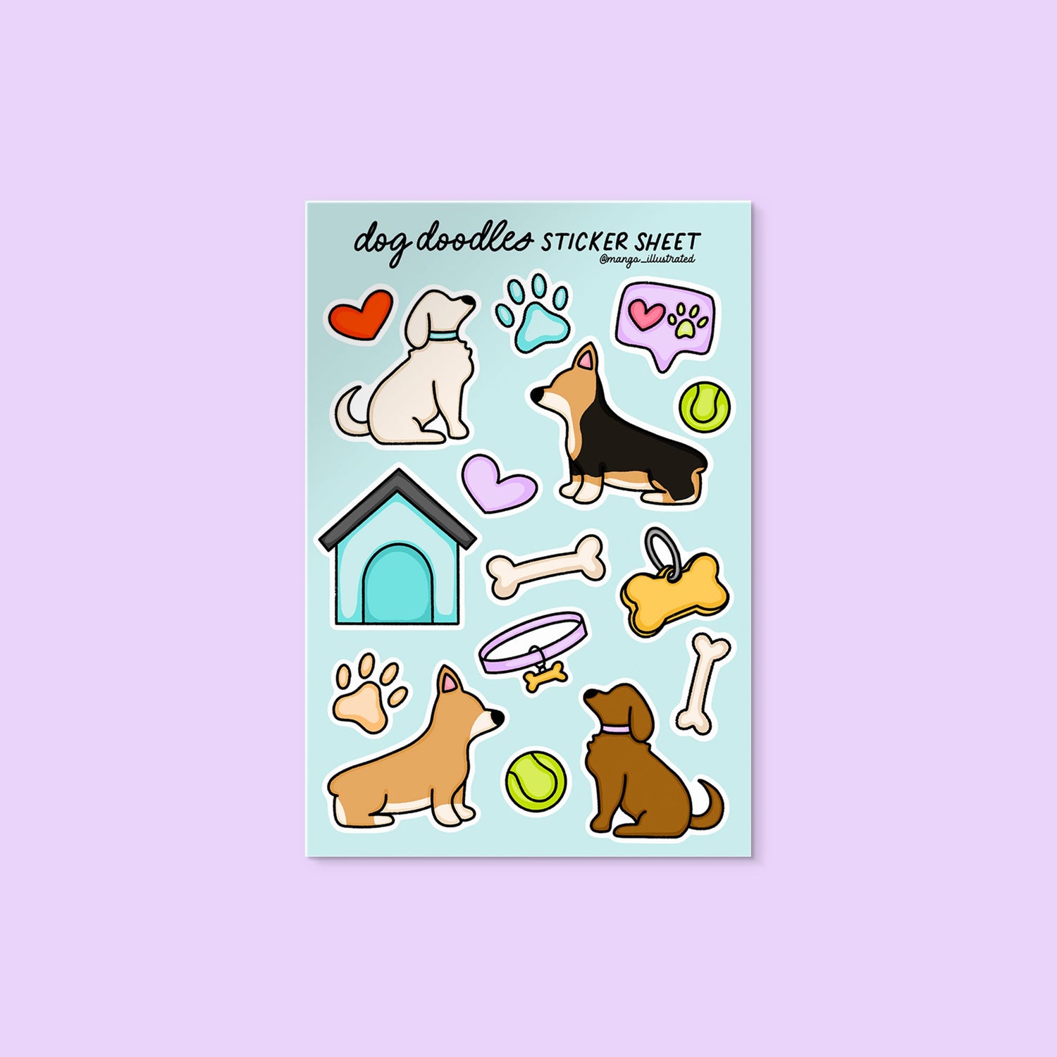 Dog Doodles Sticker Sheet flat lay — illustrated dog lover sticker sheet by indie artist MangoIllustrated