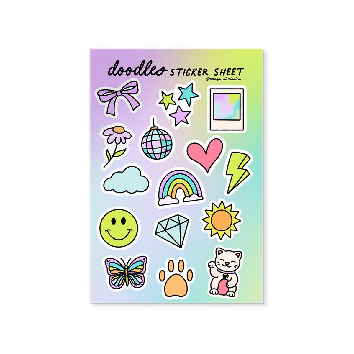 Doodles Sticker Sheet — 15 hand drawn colorful illustrated stickers on 4x6 in sheet by MangoIllustrated