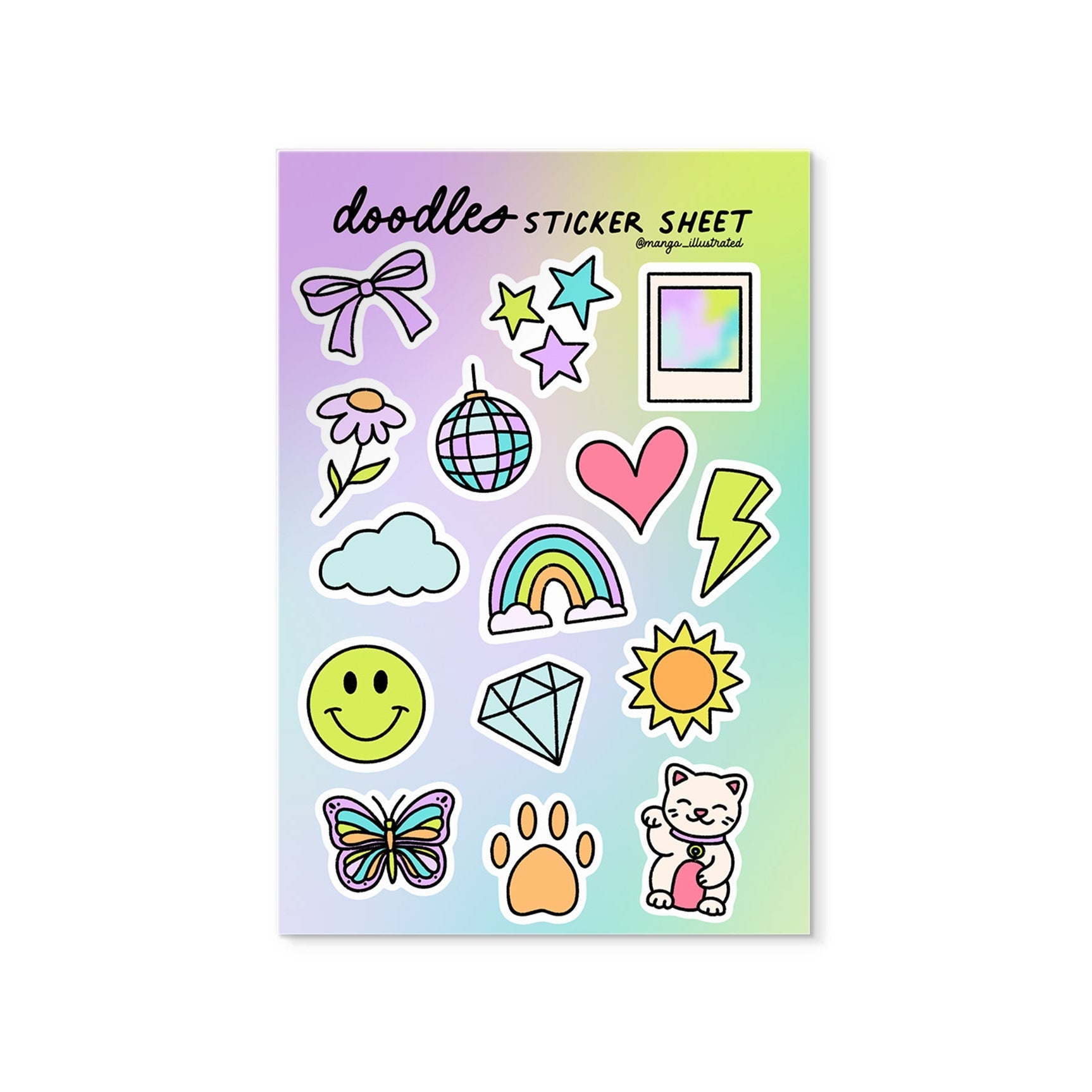 Doodles Sticker Sheet — 15 hand drawn colorful illustrated stickers on 4x6 in sheet by MangoIllustrated