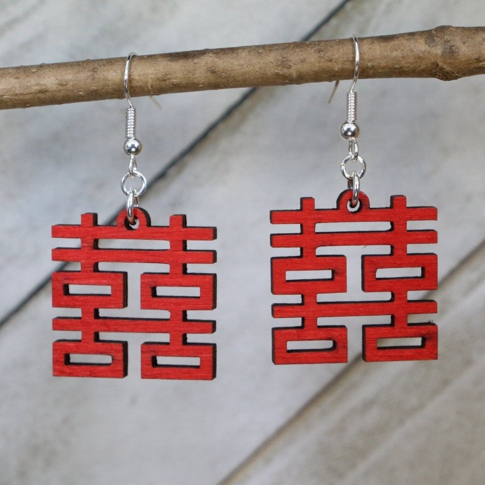 Hand-painted wooden double happiness symbol dangle earrings with traditional Chinese wedding design and hypoallergenic sterling silver hooks, lightweight cultural statement jewelry earrings for celebrations, luck, and meaningful style