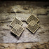 Intterlocking Double diamond geometric wooden dangle earrings featuring an intricate interlocking square pattern and natural wood finish. Lightweight statement jewelry perfect for geometric art lovers, modern style, and unique gifts.