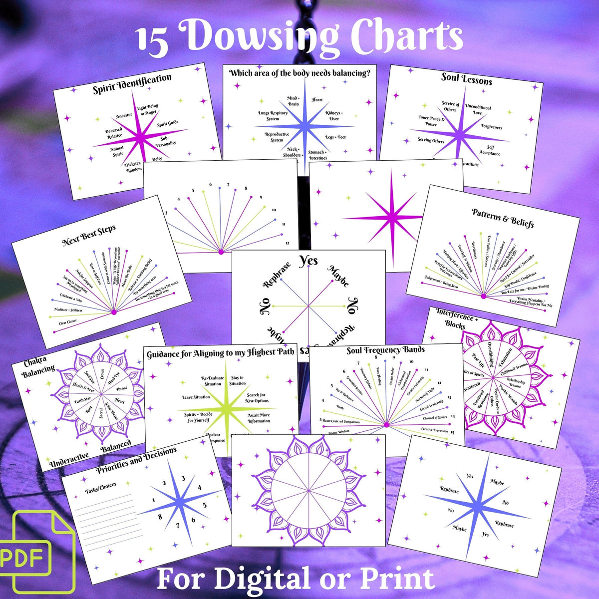 A collage of 15 dowsing chart templates arranged on a purple background, with the title &