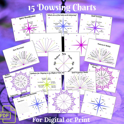 A collage of 15 dowsing chart templates arranged on a purple background, with the title &