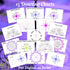 A collage of 15 dowsing chart templates arranged on a purple background, with the title &