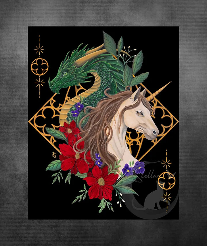 Dragon and Unicorn Gothic Art Print: Dark Academia Fantasy Acrylic Painting Decor