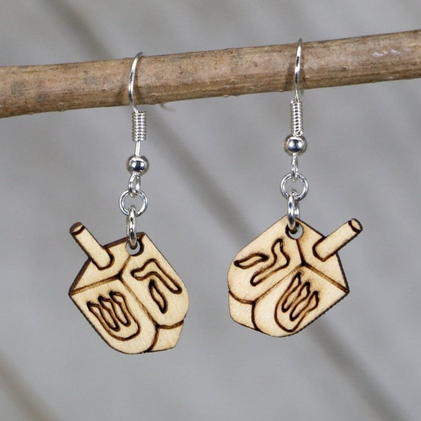 Hand-painted wooden dreidel dangle earrings with traditional Hanukkah holiday design and hypoallergenic sterling silver hooks, Jewish holiday Hanukkah jewelry earrings