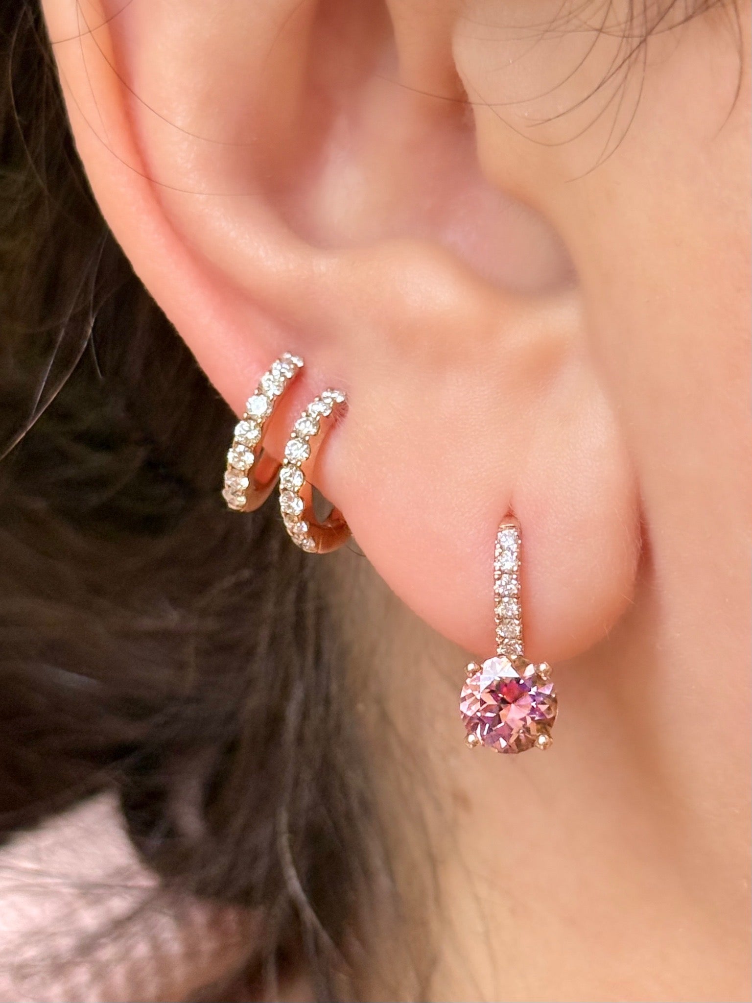 Mini Diamond Pavé Ear Wire Drop Earrings with Pink Tourmaline and Diamond - One of a Kind