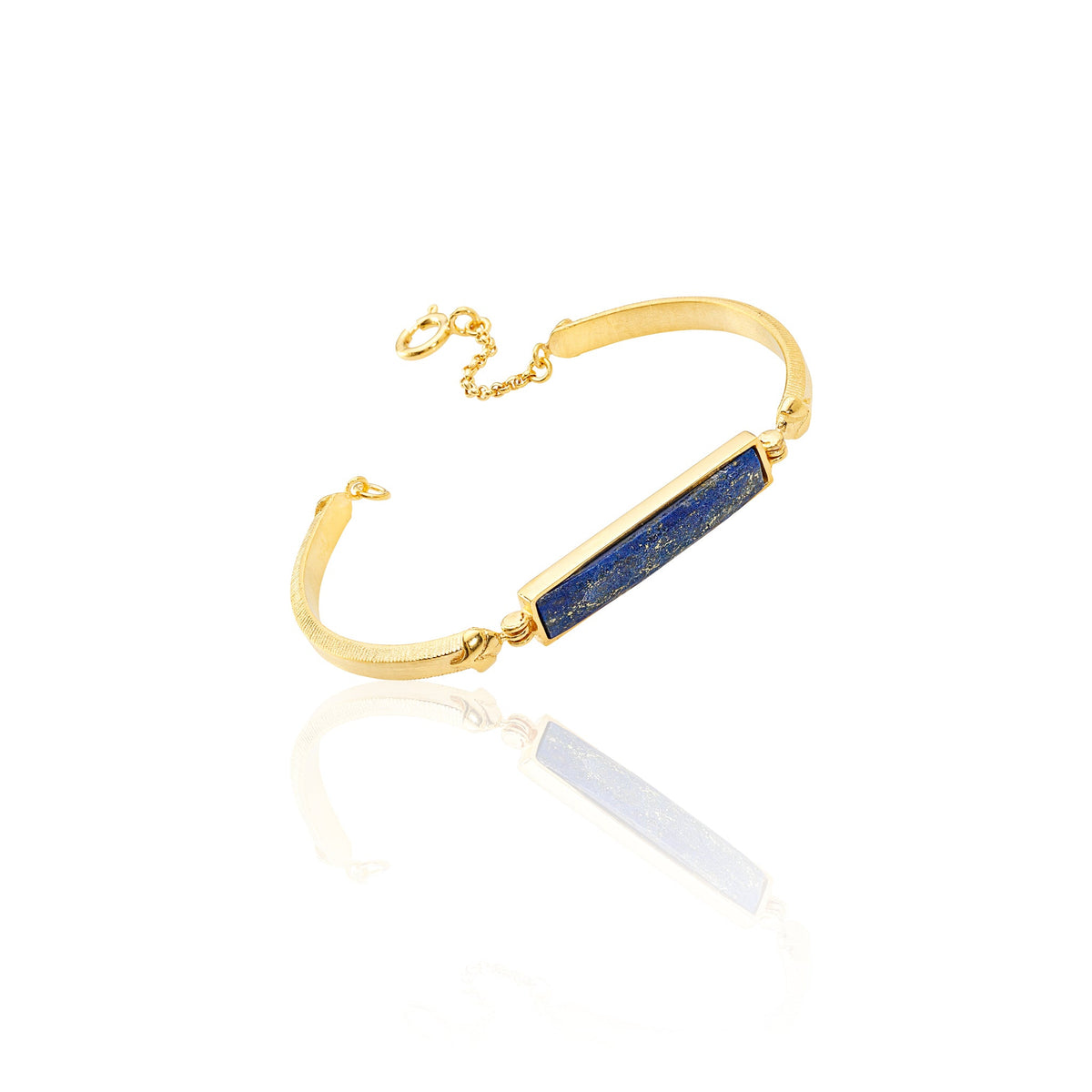 Gold textured bangle bracelet gift with Lapis Lazuli stone ethically made, flat lay