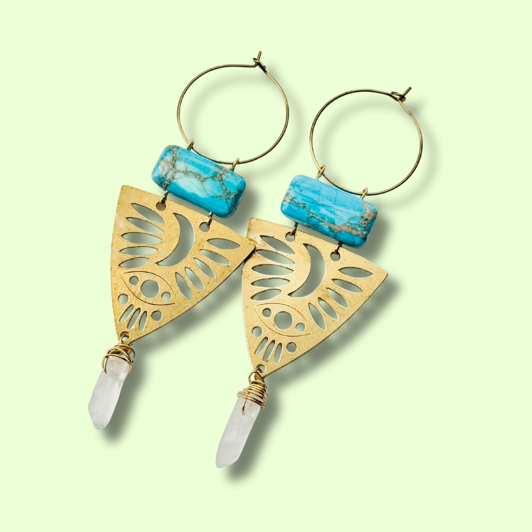 Gold Brass + Stone Statement Unique Earrings