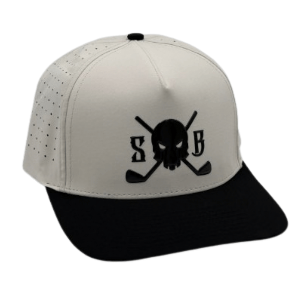 Skull &amp; Bogeys Eclipsed Blackout white and black golf snapback hat with black vinyl skull logo, front view