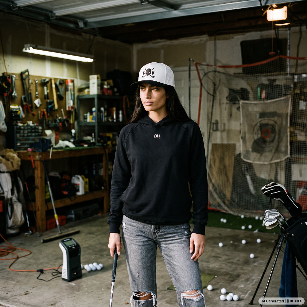 A woman stands in a garage-like indoor golf simulator area wearing a black hoodie, ripped gray jeans, and a white cap with a black logo. Golf balls are scattered on the concrete floor, and golf clubs and a hitting net are visible in the background.