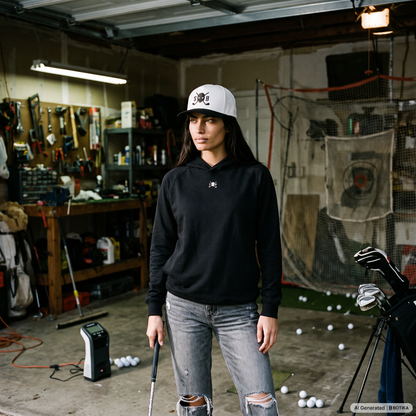 A woman stands in a garage-like indoor golf simulator area wearing a black hoodie, ripped gray jeans, and a white cap with a black logo. Golf balls are scattered on the concrete floor, and golf clubs and a hitting net are visible in the background.