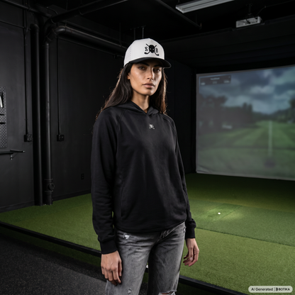 A woman stands in an indoor golf simulator wearing a black hoodie with a small white chest logo, a white baseball cap with a black graphic, and gray jeans. The simulator screen behind her shows a golf course scene.