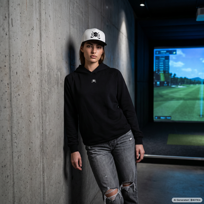 A woman stands in a dim indoor space with a concrete wall, wearing a black hoodie with a small white chest logo, gray ripped jeans, and a white baseball cap with a black graphic. A golf simulator screen is visible in the background.