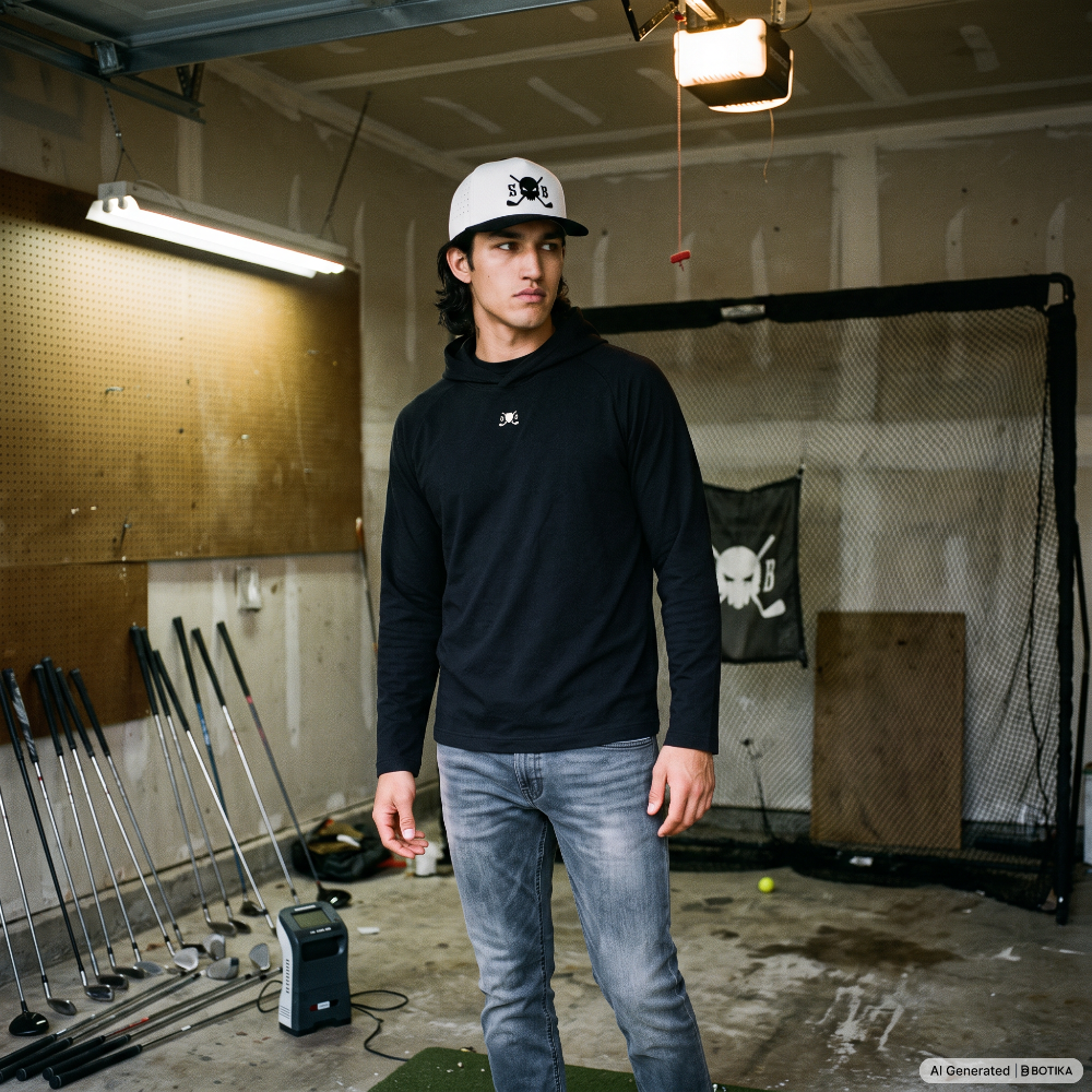 A man wearing a black long-sleeve hoodie with a small white chest logo, blue jeans, and a white baseball cap with a black skull graphic stands in a garage-like indoor space with golf clubs, netting, and lighting equipment visible.