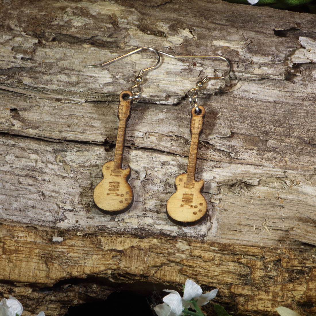 Hand-painted wooden electric guitar dangle earrings featuring detailed electric guitar silhouettes, hypoallergenic sterling silver hooks, and lightweight musician jewelry for guitar players, rock music fans, and band enthusiasts by Cate&