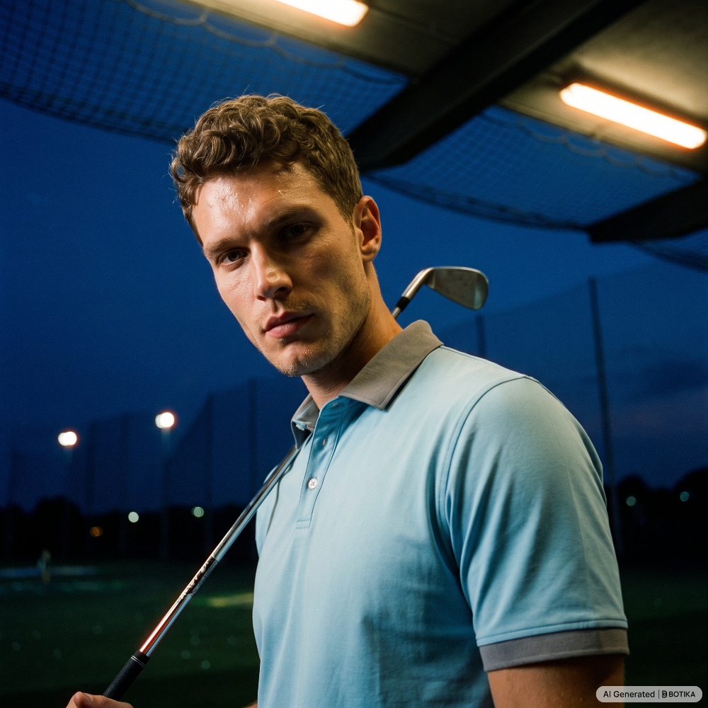 A man wearing a light blue polo shirt stands on a golf driving range holding a golf club, with the dark blue netting and overhead lights of the range visible in the background.