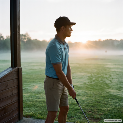 A man in a light blue polo shirt, khaki shorts, and a black cap stands in profile holding a golf club on a misty golf course at sunrise.
