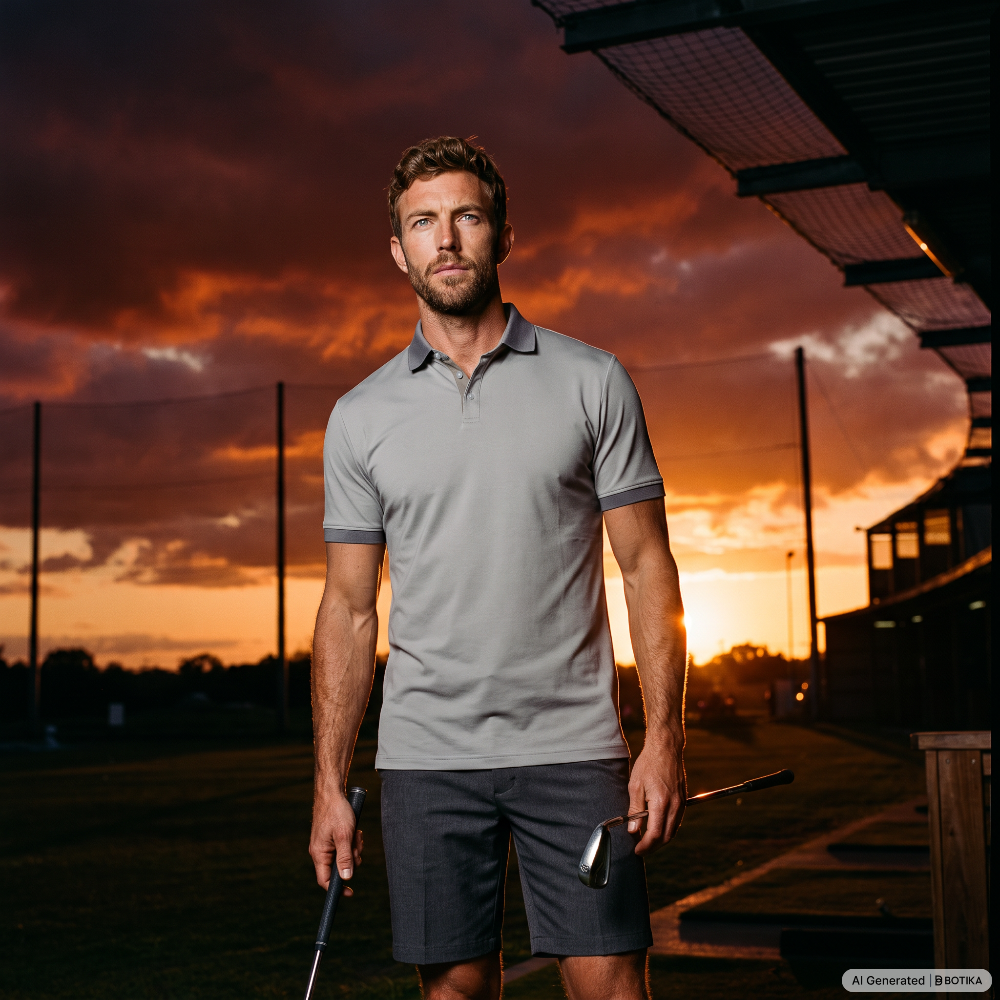 A man wearing a light gray short-sleeve polo shirt and dark gray shorts stands on a golf course at sunset, holding golf clubs. The background features a dramatic orange and red sky with a building structure on the right.