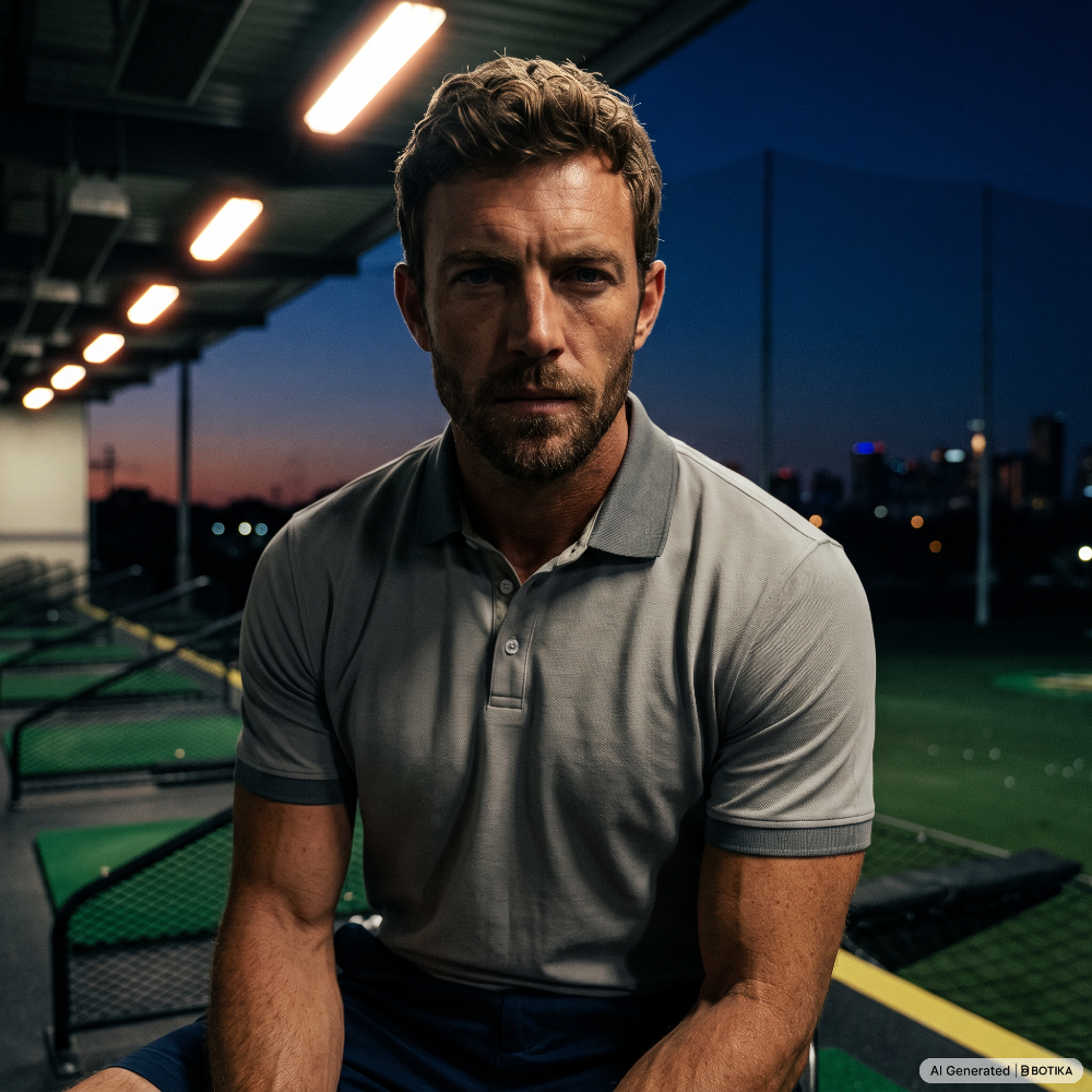 A man wearing a gray short-sleeve polo shirt sits on a green table on an outdoor golf course at dusk.