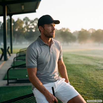 A man wearing a light gray polo shirt, white shorts, and a black baseball cap sits on a bench at a golf course during sunrise or sunset, holding a golf club.