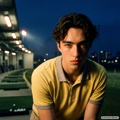 A young man with wavy dark hair wearing a yellow polo shirt with gray trim, leaning forward on a golf driving range at dusk.