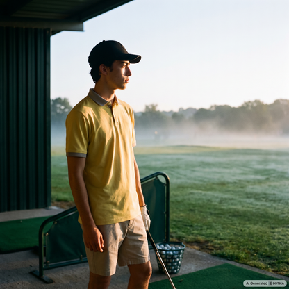 A man wearing a yellow polo shirt, beige shorts, and a black cap stands on a golf driving range holding a golf club, with a misty golf course in the background.